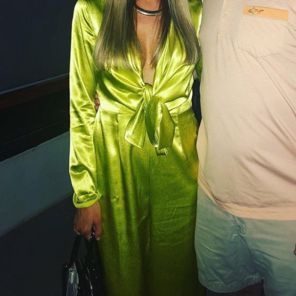 Satin Bright Green jumpsuit with tie front from LuLu’s
